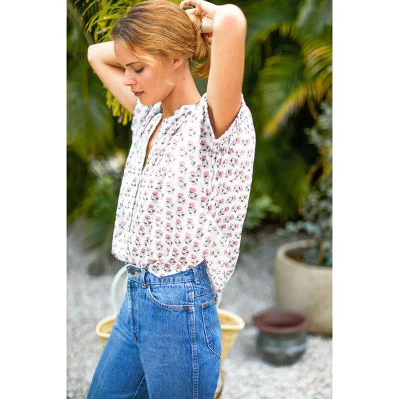 Emerson Fry Mandarin Collar Top Rosey Flowers Organic Cotton Made in India O/S - Picture 2 of 16